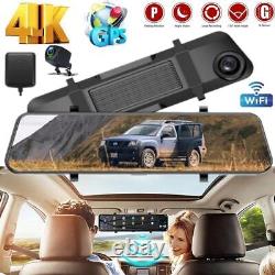 4K 12 Dash Cam Mirror GPS WiFi Voice Control Car Rear View Backup Dual Camera