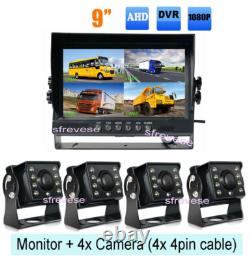 4 x 4Pin AHD 1080P Car Rear View Backup Camera SD DVR + 9 IPS 4CH Split Monitor