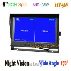 9 IPS SD DVR Split Monitor+2 x 4Pin AHD 1080P Front Car Rear View Backup Camera