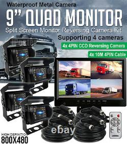 9 QUAD SPLIT SCREEN MONITOR 4x BACKUP REAR VIEW CCD CAMERA SYSTEM FOR TRUCK RV