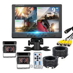 9'' Quad Monitor 2x 4PIN Backup Rear View Camera 2x 10m 12-24V Truck RV Tractor