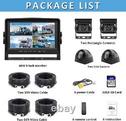 9 Quad Monitor DVR Record + Side Rear View Backup Camera For Truck Van RV Car