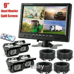 9 Quad Monitor Split Screen 4x IR CCD Backup Camera Kit For Truck Van Trailer