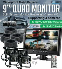 9 Quad Monitor Split Screen 4x IR CCD Backup Camera Kit For Truck Van Trailer