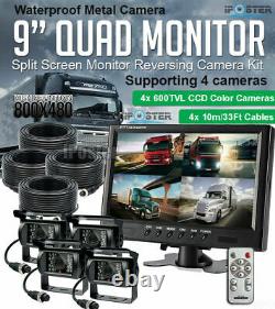 9 Quad Monitor Split Screen 4x IR CCD Rear View Backup Camera 12/24v Trailer RV