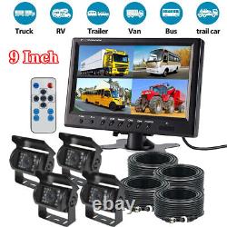 9 Quad Split Monitor Screen +4X Rear View Backup Camera System For Bus Truck RV