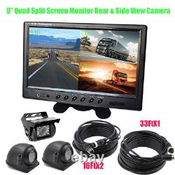 HD 9 Quad Split Monitor 3 x Front Side Backup Rear View Camera For RV Truck Bus